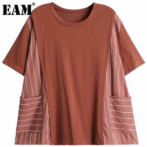[EAM] Kadınlar Siyah Düzensiz Cepler Çizgili Desen Büyük Boy T-Shirt Yuvarlak Boyun Uzun Kollu Moda Yaz 1DD6781 21512