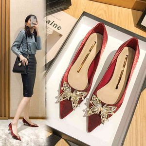 2021 Luxury Rhinestones Metal Butterfly Embellished Women Pumps pointed toe Satin High heels Spring Summer Office Lady Shoes K78