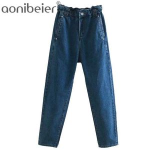 Fashion Women Loose Harm Jeans Pants Long Trousers Strethy Waist Pockets Buttons Female Denim 4 Color 210604