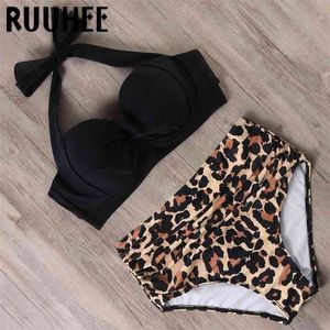 Ruuhee Halter Top High Waist Bikini Kobiety Bandaż Swimwear Push Up Swimsuit Leopard Pływanie Zestaw Maillot de Bain Femme 210621