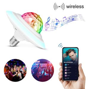 Efeitos LED OFO Crystal Magic Bola de Rotação E27 Bluetooth Music Speaker RGB Disco Light 85-265V 7 Cores Controle Remoto Fase DJ Lâmpada