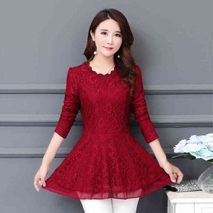 Arrival Fashion Spring Long Sleeve Women's Blouses Lace Female Hollow Plus Size 4XL O-neck Solid Elegant Shirts 911F 210420