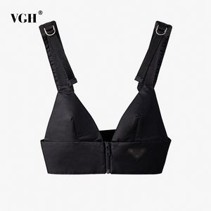 VGH Black Sexy Vests For Women V Neck Sleeveless Patchwork Zipper Short Slim Tank Tops Female Fashion Summer Clothing Style 210421
