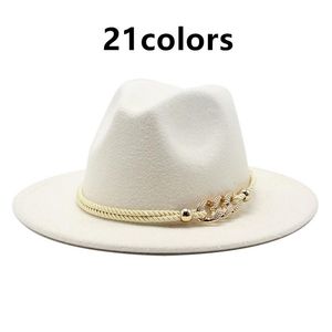 フェドーラ帽子女性メタルロープチェーンバンドベルトラグジュアリージャズキャップワイドスリムチャーチエレガントな黒い白いフェルトスプリング女性帽子