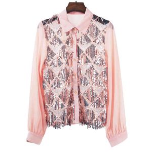 Kvinnor Långärmad Slå ner Krage Sequined Tassel Rosa Svart Solid Bling Shirt Highstreet Se igenom B0246 210514