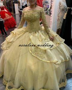 vestidos de xv años guld paljetter quinceanera klänningar långa ärmar korsett sequined boll klänning söt 16 klänning