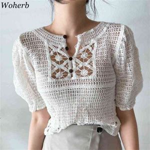 Summer Knitted Hollow Thin Sweaters Tops Women Short Puff Sleeve V-neck Casual Fashion Korean Elegant Ladies Pullovers 210519