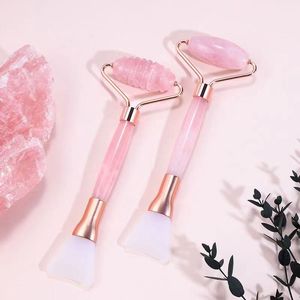 Natural Rose Quartz Face Massage Roller & Mask Brush Health Care Tool Facial SPA Acupuncture Scraping Healing For Body Neck Beauty Make up