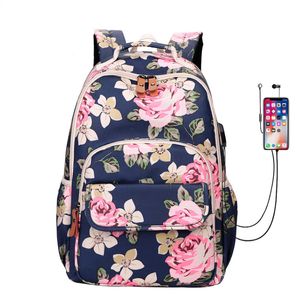 Hohe Qualität Reise Blume Patten Rucksack USB Softback Wasserdichte Nylon Tasche Weibliche Freizeit Mädchen Schultasche