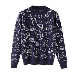 Women Sweater Knitted Pullovers Long Sleeve O Neck Dog Print Animal Navy M0228 210514