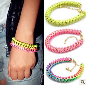 Wholesale silk thread bracelet for sale - Group buy fashion bracelet fluorescent colorful silk thread woven metal chain bracelets mix color