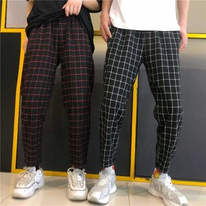 2021 moda vintage xadrez retalhos calças harajuku mulher homem calças elásticos calças de cintura alta coreana calça reta Causal Q0802
