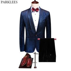 Mens Luxury Royal Blue Bronzing 2 Piece Velvet Suits Brand One Button Shawl Collar Tuxedo Suit Male Party Banquet Wedding Terno 210522