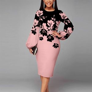 Women Dress 2022 Floral Print Lantern Sleeve Dresses Autumn Winter Elegant Ladies Midi Christmas Evening Party Dress Outfits 211221