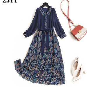 Mode Europa Kvinnor Robe Långärmad Vintage Print Sashes Casual Chiffon Dress Mid Calf Aline Blue Vestidos 210601