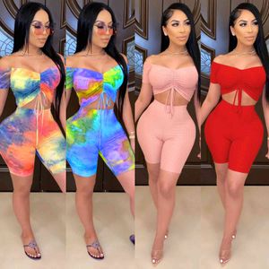 Women Tie-dye Tracksuits Two Piece Outfits Sexy One Shoulder Shorts Summer Skinny Shirt Leggings Sport Suit Clothes