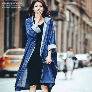 Koreańska wiosna Casual Coat Looseness Oversize Denim Kurtka Suknia Długie Rękawy Kapture Kieszenie Otwórz ścieg 210615