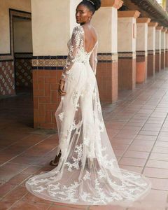 Великолепные комбинезоны свадебные платья кружева аппликация с длинными рукавами свадебные платья шикарные брачные халат де Марие на заказ
