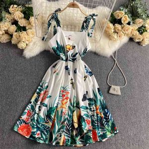 Summer Women Beach Style Sexy Spaghetti Bow Dress Ladies Square Collar Sleeveless Chiffon Vacation Short 210430