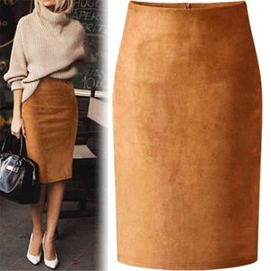 Sexig Multi Color Suede Midi Pencil Skirt Kvinnor Mode Elastisk Hög Midja Kontor Lady Bodycon Kjolar Saias 210607