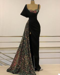 Luxe zwarte zeemeermin avondjurken ontwerper pailletten beads prom jurk mouwloze hoge spleet op maat gemaakte formele feestjurken gewaad de mariiee