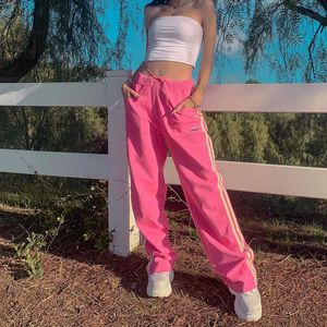 Y2K Aesthetics Pink Mid Waist Long Pants E-girl Streetwear Striped Bandage Pockets Loosed Trousers Hip Hop Outfits 90s Q0801