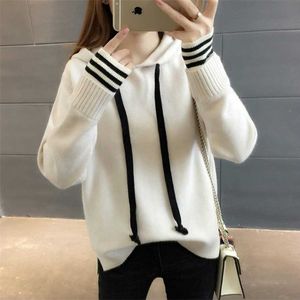 Autumn Hooded Knitted Sweater Women Pullover Long Sleeve Solid Fake Two Pieces Coat 211011