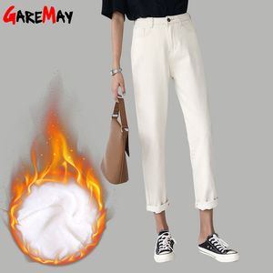 Calça jeans quente harem para mulher inverno velo velo jeans calças brancas de algodão branco feminino 210428