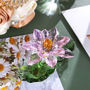 H&D 3.7''Pink Sparkle Crystal Hue Reflection Lotus Flower Art Glass Home Decor for Feng Shui Collection Desktop Ornament 211105