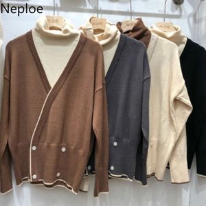 Neploe Patchwork Fake Two Pullovers Tops Turtleneck Thicked Warm Knitted Sweaters for Women Winter Clothes Warm Jumper Coat 210422
