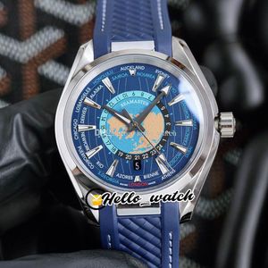 Orologi 42mm AQUA TERRA 150m 220.12.43.22.03.001 Quadrante blu con mappa del mondo Orologio automatico da uomo Cassa in acciaio Cinturino in caucciù HWOM Hello_Watch G27