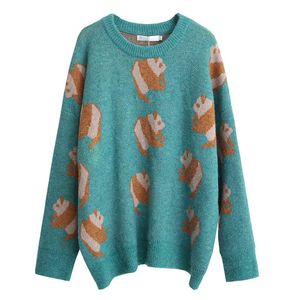 Women Long Sweater Knitted Pullovers Sleeve Mint Khaki Panda Pattern Loose Winter M0157 210514