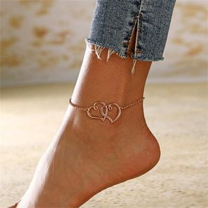 Link, Cadeia Moda Pêssego Coração Duplo Anklet Beach Estilo de férias Rose Gold Metal Fino Para Mulheres Jóias Braceletes Presente 21710