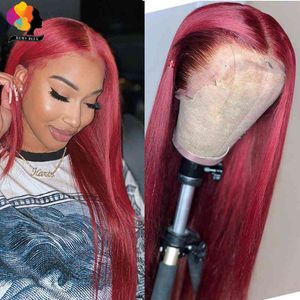 Remyblue 13*1 Lace Front Human Hair Wigs 99J Red Straight Malaysian Remy Deep Part Wig Pre Plucked Baby 28 inch 210630