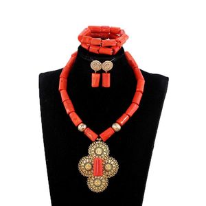 Örhängen Halsband 2021 Trendig Coral Real Design Bridal Smycken Satser För Kvinnor Enkel Singel Row Bead Pendant Set Abh785