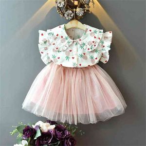 Roupas de meninas de verão Moda T-shirt de manga mosca de abacaxi infantil + Rendas Tutu Skirt 2pcs Set Kids Suit 210508