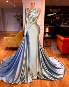 Elegant Crystal Beaded Evening Dresses Soft Silk Satin One Shoulder Long Sleeve Mermaid Prom Dress New Arrival Women Formal Party Celebrity Gowns