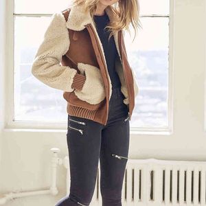 ウールのパッチワークと秋冬の女性のカジュアルカーキの毛皮の暖かいジャケットの女性ファッション厚いスエードウールの外出衣服Femm 210421