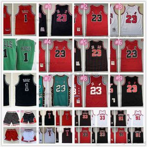 Mitchell und Ness Retro Basketball 33 Scottie 91 Dennis Pippen Rodman Trikots Derrick Red 1 Rose Jersey Black Stripe White Shorts