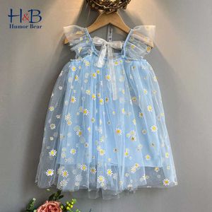 Humor Bear Sommarflickor Klä Ny Ärmlös Netto Garn Lace Floarl Printed Princess Dress Party Cotton Kids Dress Q0716