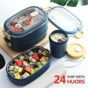 Multi-Layer Bento Box Japansk stil Bärbar Utomhus 304 Rostfritt Stål Värme Lunch För Barn Med Kammare Mat S 211104