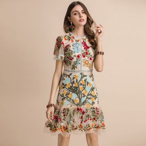 New 2021 Fashion Runway Summer Dress Women's Flare Sleeve Floral Embroidery Elegant Mesh Hollow Out Midi Dresses