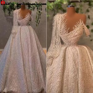 2022 Arabic Plus Size Lace Wedding Dresses Bridal Gowns Beading Long Sleeve Crystal One Shoulder Sequined vestidos de novia WJY591