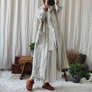 Johnature Women Vintage Cotton Linen Trench Solid Color Button Autumn Stand Long Sleeve Pockets Female Coats 210820