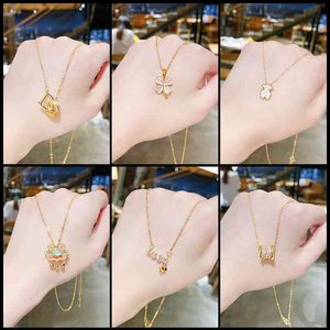 2022 New Japanese and Korean Titanium Steel Smart Necklace Women's Ins Net Red Temperament Clavicle Chain Real Gold Electroplating Pendant