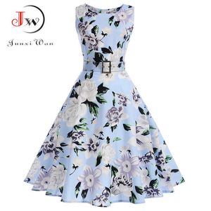 Vestidos Vintage Drsummer Floral Print SleevelParty Dresses 50s 60s Elegant Rockabilly Sexig Pin Up Drwith Belt X0529