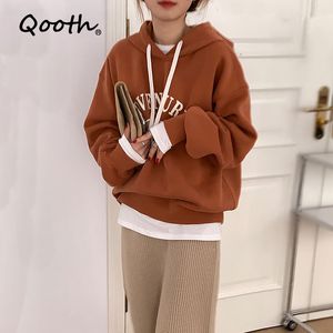 Qooth Oversized Hoodies Gothic Harajuku Streetwear Chic Letter Print Sweatshirt Navy Grey Hoodies Women Loose Pullover QT443 210518