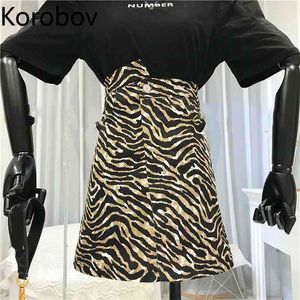 Korobov Kore Retro Zebra Çizgili Ince Etek Kadınlar Yüksek Bel Kalça Bir Çizgi Asimetri Jupe Femme Yaz Yeni Faldas 2B047 210430