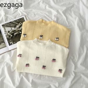 Ezgaga Cherry Sweater Women Fashion Irregular Loose Korean Knit Tops Sweet Girl Long Sleeve Sweaters Preppy Style Autumn Casual 210430