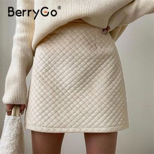 BerryGo Autumn faux suede skirt women quilt mini winter Elegant plaid short Solid elastic waist 220216